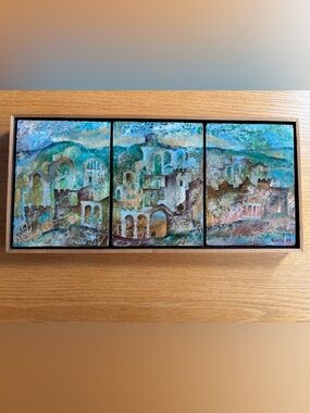 Abstract Mediterranean Triptych Wall Art in Teal and Blue